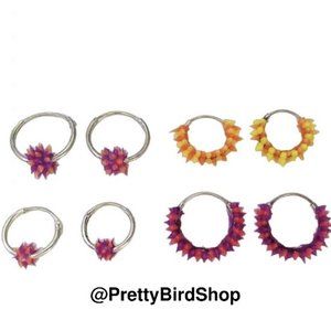 4 pairs HOOP EARRINGS sterling silver colorful boho lot bundle